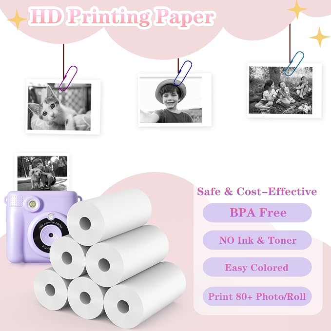 25 Rolls Kids Camera Instant Print Refill Paper Set, Phetium HD Printing