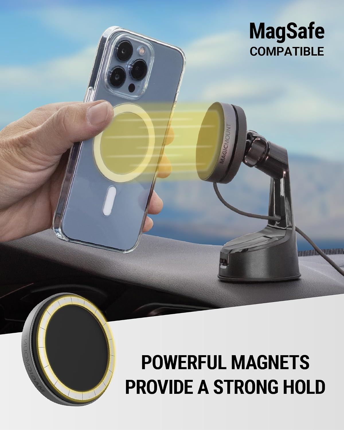 Scosche Qi2 MagSafe Car Mount, 15W Wireless Charging Suction Cup Phone Mount, Magnetic Windshield/Dashboard Cell Phone Holder with Fast USB-C Car Charger Compatible with iPhone 16/15/14/13/12, S25