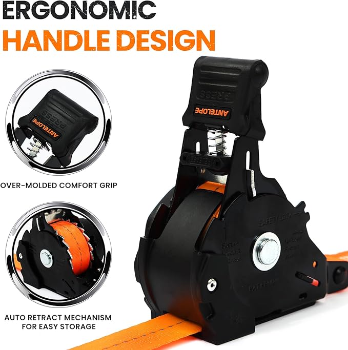 Retractable Ratchet Straps 1 in x 12 ft, 4-Pack Auto Retract Tie Down Straps, 1500lb Break Strength AutoRetract Self Retracting for Motorcycle, Truck, Cargo, Trailer, ATV, UTV -Orange