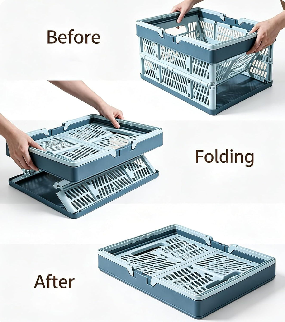 Collapsible Storage Crate with Handles, Milk Crates，33L Foldable Plastic Shopping Basket, Organizer Container for Car Home Pinic (Light blue, Large)