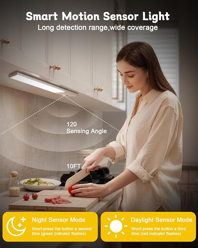 Under Cabinet Lighting,Rechargeable Motion Sensor Light Indoor with Hand Wave Sensor, 3 Color Temps,2Pack Magnetic Dimmable Closet Lights,Wireless Under Counter Lights for Kitchen, Stairs,Hallway