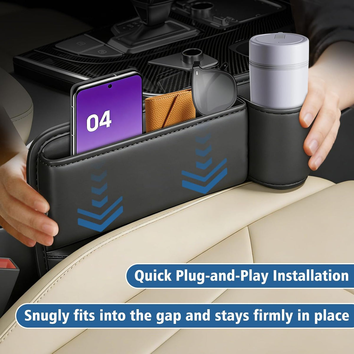 2PCS Black Leather Seat Gap Filler Organizer, Front Seat Gap Storage Box with Cup Holder and Charging Hole, Car Organizer for Phone, Keys, Sunglasses and Drink, Universal Fit Left and Right Side