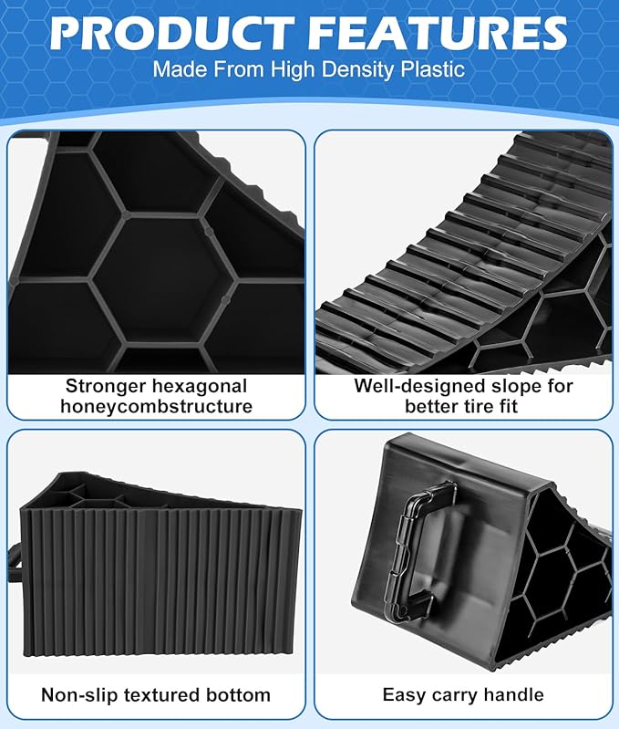 PAHTTO Wheel Chocks 4 Pack, RV Chocks with Handles for RV Trailer Camper Car Truck, Wheel Block Stopper for Tire, Strong RV Wheel Chocks Hexagonal Honeycomb Structure, RV Trailer Accessories