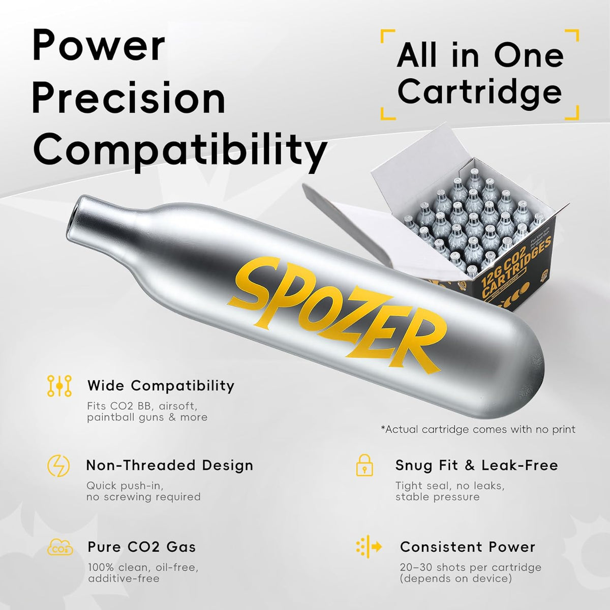 Spozer 12g CO2 Cartridges - 25 Pack, Non-Threaded Fit for BB Guns, Airguns, Paintball & More