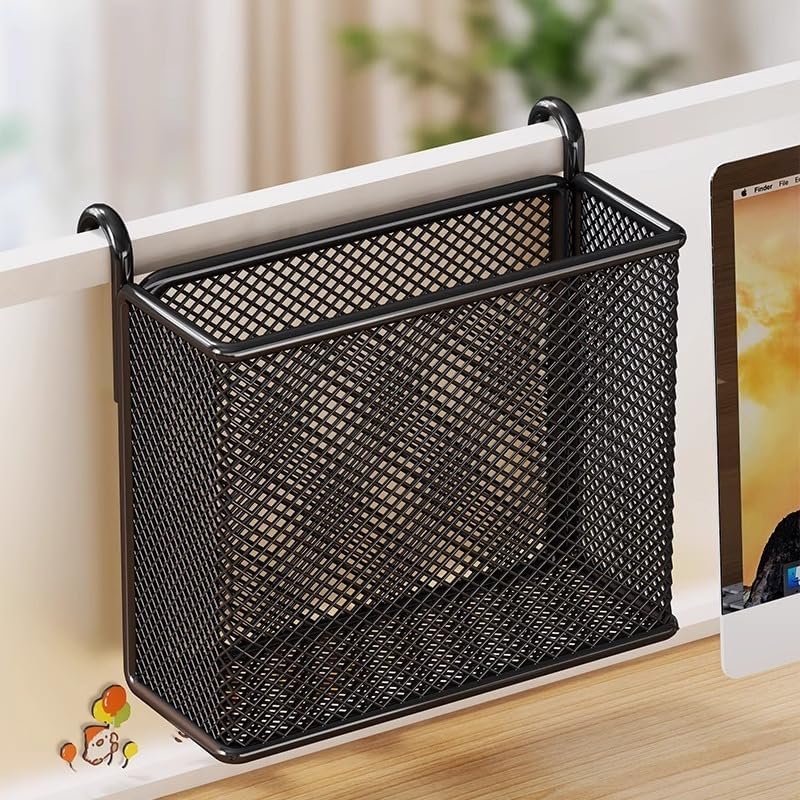 Hanging Pen Holder with Hook Storage Box - Wall-Mountable Desk Organizer for Office Desktop, Partition Screen, Workstation & Bedroom Side Storage (black)
