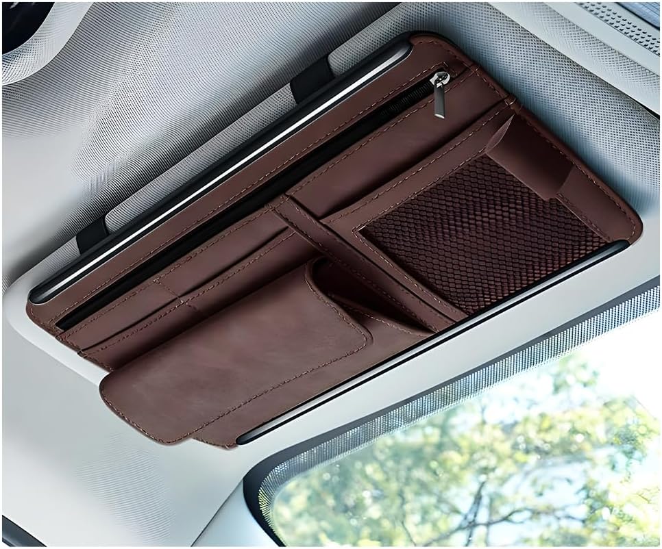 Yourkar Car Sun Visor Organizer, Soft Leather Surface Eyeglasses Note Card Holder Car Storage Bag, Scratch-Resistant Waterproof Auto Sunshade Organizer Bag, Car Accessories (Blue)