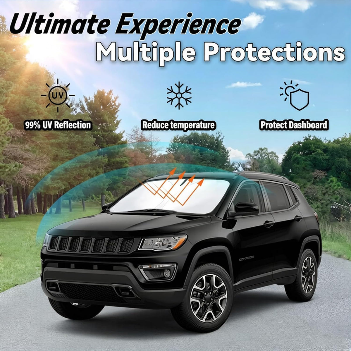 Windshield Sun Shade for Jeep Compass 2017-2025 | Car Front Window Sunshade with 240T Sun Visor Protector Blocks UV Rays Heat Sun Shield Accessories
