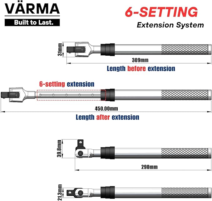 1/2" Drive Breaker Bar – 12–17.75" 6-Stage Extendable Handle, 180° Flex Head, Chrome Vanadium, High Torque