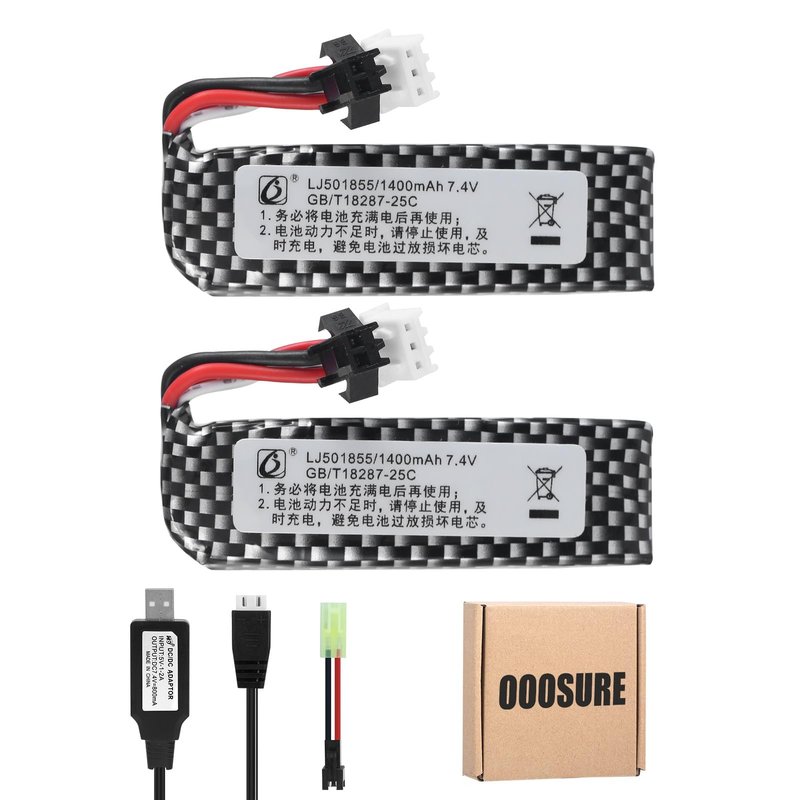OooSure 2 pcs 7.4V 1400mAh 25C 501855 Lipo Airsoft Gun Batteries with 2S Charging Cable and SM2P to Mini Tamiya Switch Cable for Airsoft Gel Guns repalce Battery for STD-X2(2 PCS)