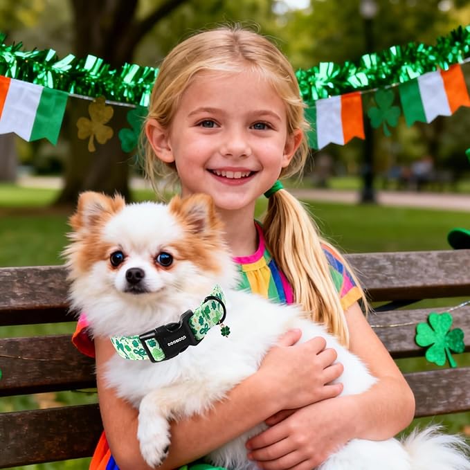DOGWONG St Patrick's Day Dog Collar-Cute Green Clovers Dog Collar, Adjustable Cotton Shamrock Pet Collar Trefoil Puppy Collars with Quick Release Buckle,S