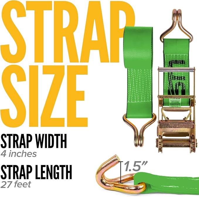 US Cargo Control J Hook Ratchet Strap 4 Inch x 27 Foot, 5,400 LBS Working Load Limit, Green 4 Inch Ratchet Straps Heavy Duty for Flatbed Trailers, Professional Flatbed Hauling