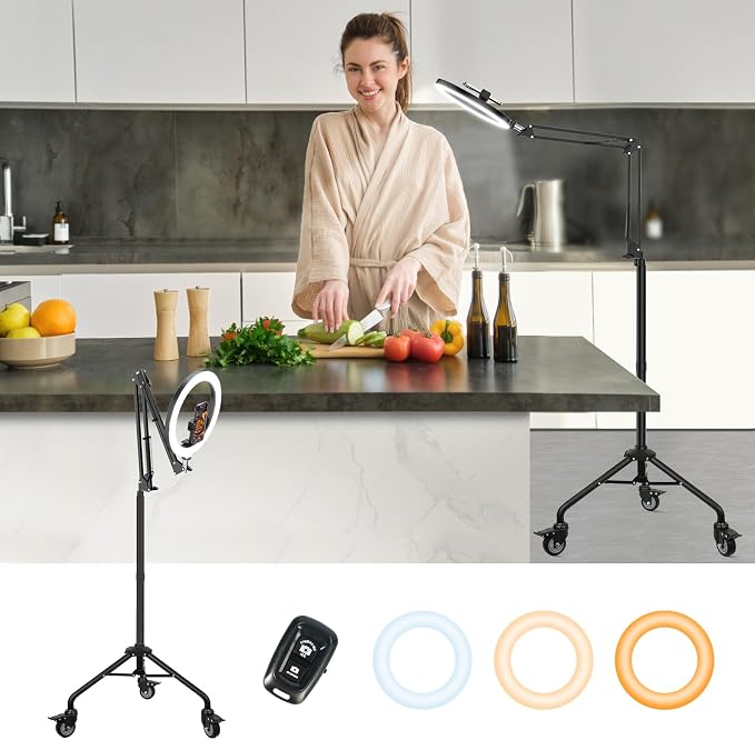 LUXSURE Tripod for iPhone with Ring Light, Overhead Camera Mount with Casters