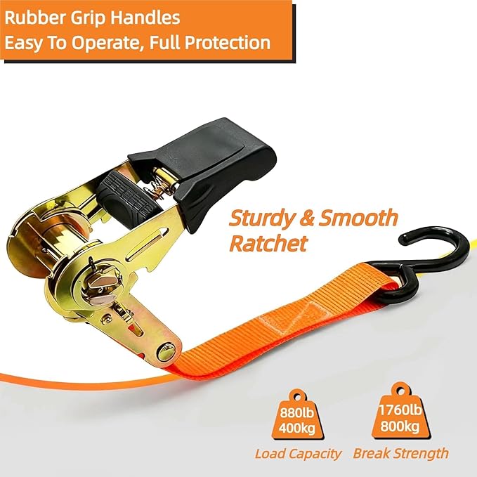 8PK Ratchet Tie Down Straps - 1in x 16feet, 880LBS Working Load & 1760LBS Break Strength, Wear-Resistant Webbing with Non-Slip Rubber Handle, S-Hooks & Storage Bag