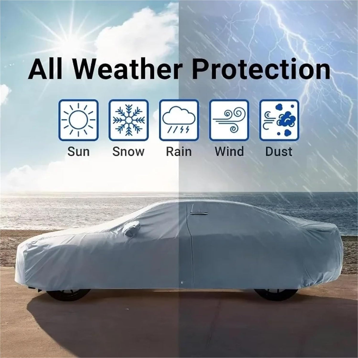 6 Layers Car Cover Waterproof All Weather for Automobiles, Outdoor Full Cover Rain Sun UV Protection with Zipper Cotton, Universal Fit for Sedan (194-208 inch)
