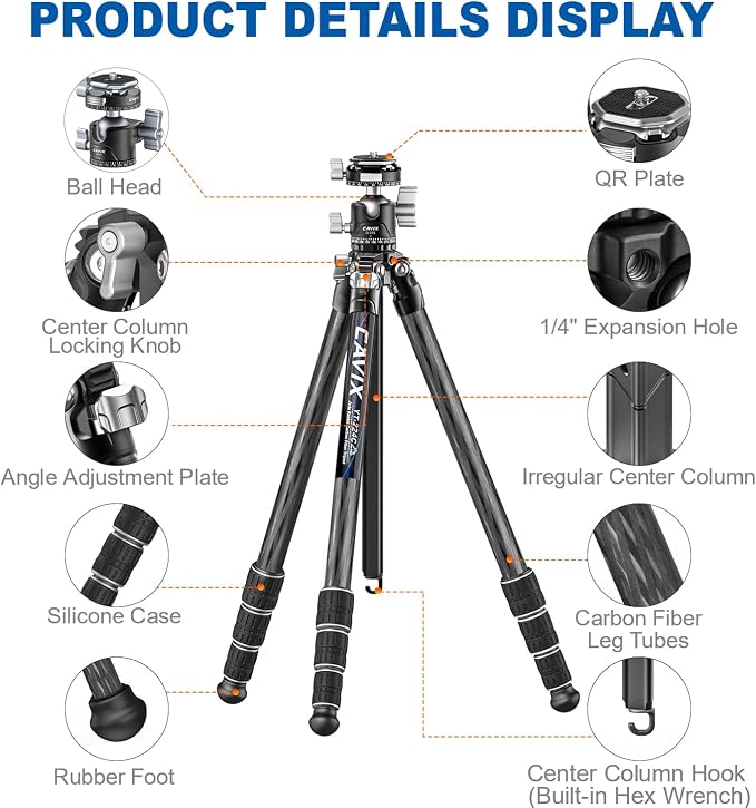 CAVIX 57"/145cm Carbon Fiber Tripod, Lightweight Tripod