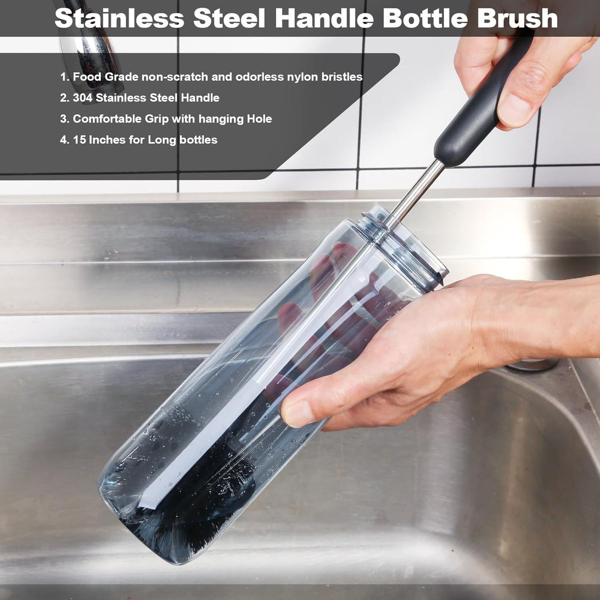 Skiennix Water Bottle Brush - 15-Inch Stainless Steel Handle for Easy Cleaning | Ideal for Cups, Tumblers, and Decanters - Black