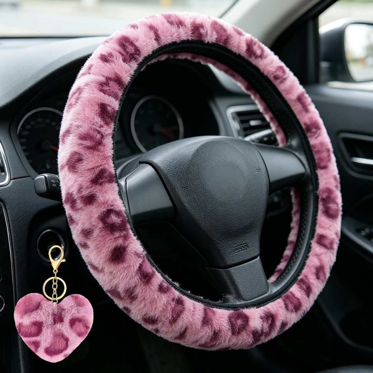 Pink Leopard Steering Wheel Cover with Fluffy Keychain Fit 14"-15"