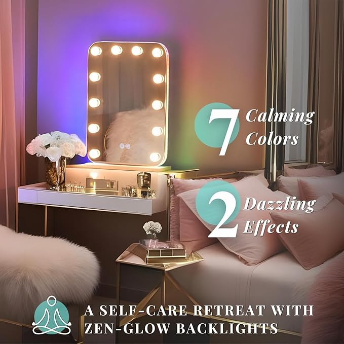 LUXFURNI Vanity Mirror with Lights, Lighted Makeup Mirror with 14 Dimmable Bulbs, Tabletop RGB Color Changing LED Mirror, 3 Color Mode, Touch Control, 20.3" L x 14" W