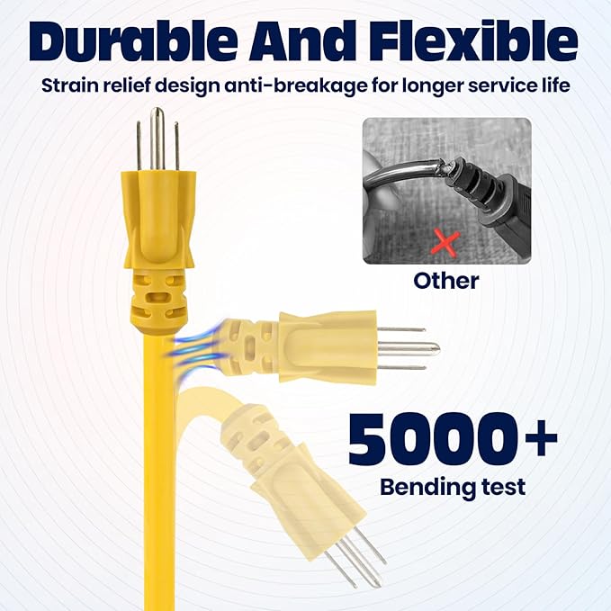 6 ft Heavy Duty Extension Cord Yellow - 12/3 SJTW 15 AMP Indoor Power Cord with 3 Prong Grounded Plug for Lawn Mower, Appliances, Workshop, Christmas Lights Water Resistant Flexible Cable.