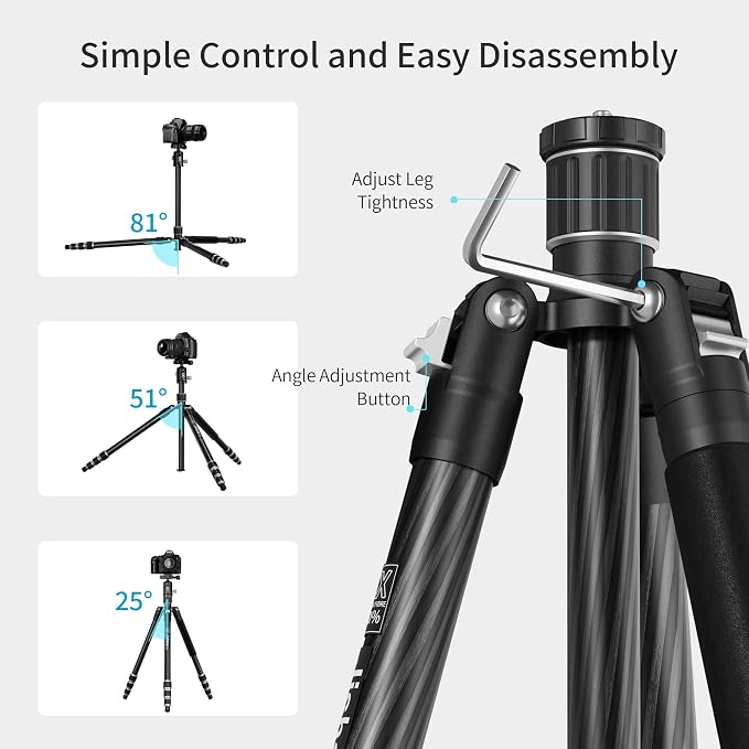 Carbon Fiber Camera Tripod, 1/4" Arca QR Plate, Compact Lightweight Travel