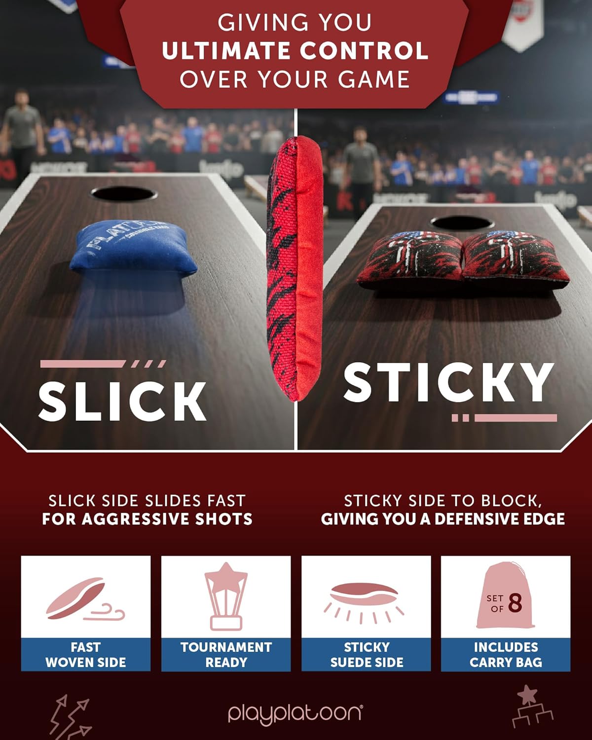 Play Platoon Pro Cornhole Bags - Set of 8 Professional Dual-Sided Slick & Sticky Bags | Tournament Series