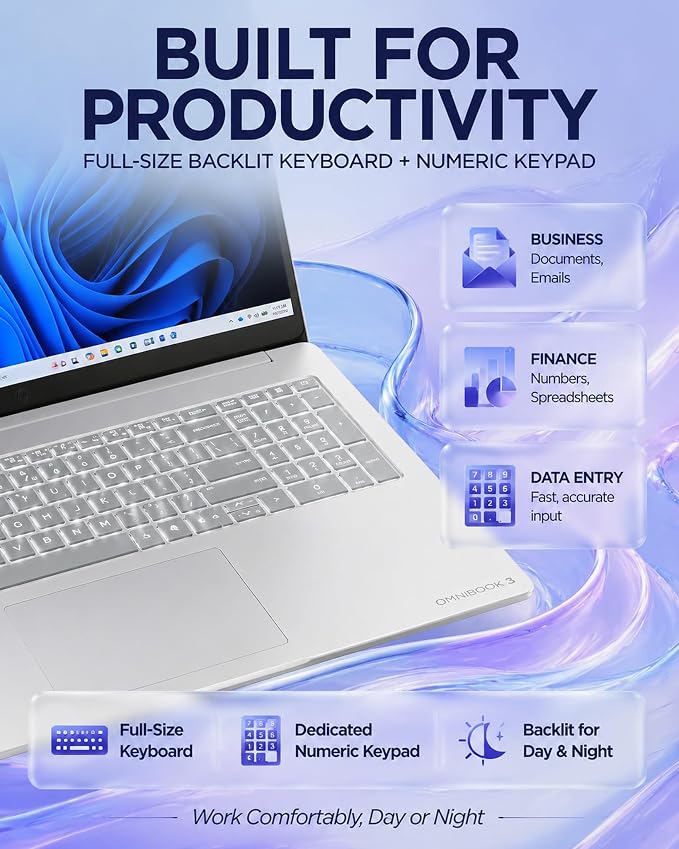 HP OmniBook 3 17.3" Touchscreen Laptop, AMD Ryzen 5 130 Processor (Up to 4.55 GHz), 32GB RAM, 1TB SSD, FHD IPS Display, Backlit Keyboard, Windows 11 Pro, Radeon 660M Graphics, Wi-Fi 6, Copilot+ PC