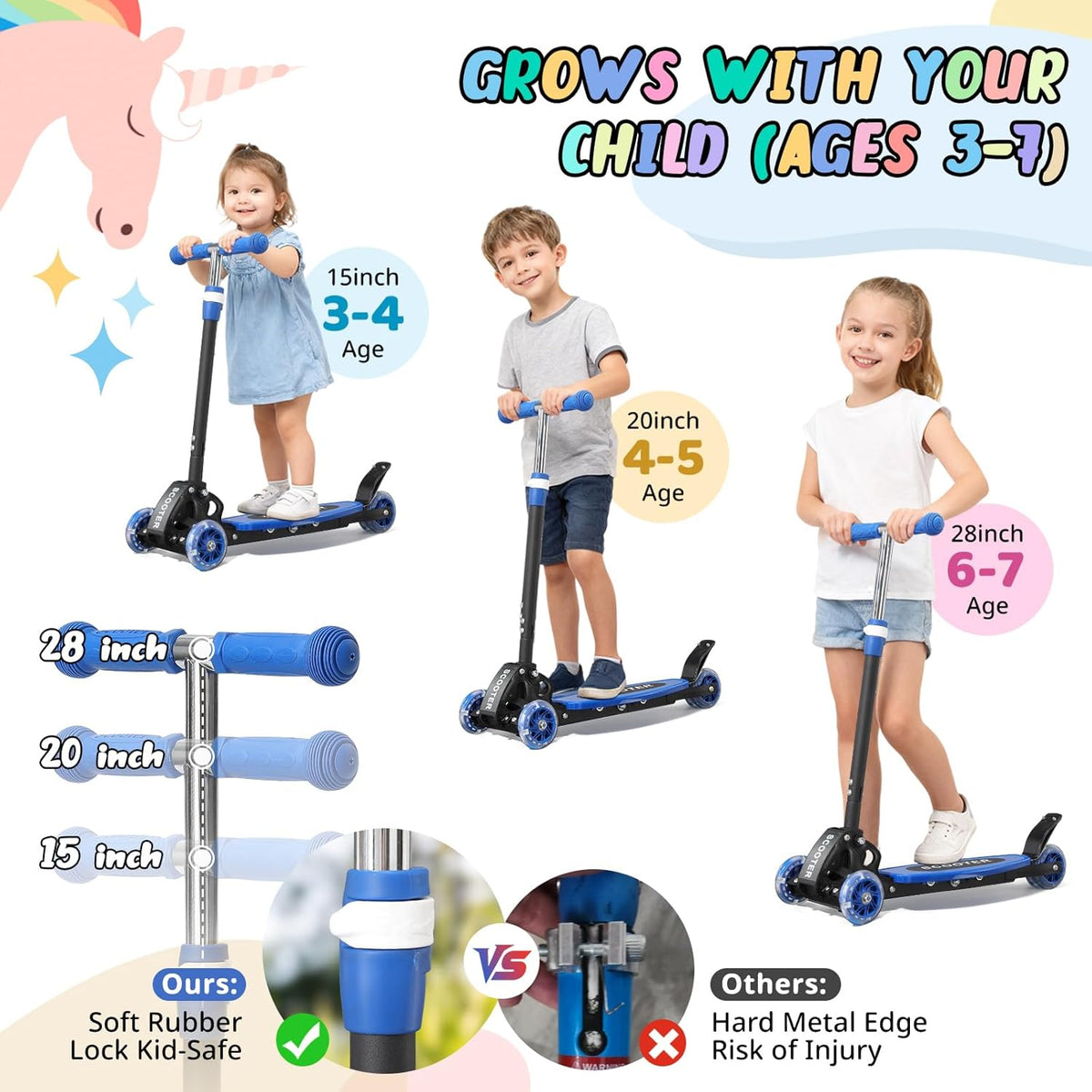 Skiennix Kick Scooter for Kids 3-7 Years - Light-Up Three-Wheel Design, Adjustable Height, Foldable, Stable Dual Rear Wheels