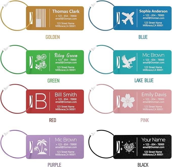 10 Personalized Metal Luggage Tags, Custom Suitcase Aluminum Name Tags with Steel Ring, Laser Engraved Name and Logo, for Travel, Backpack, Baggage, Golf Bag (Green)