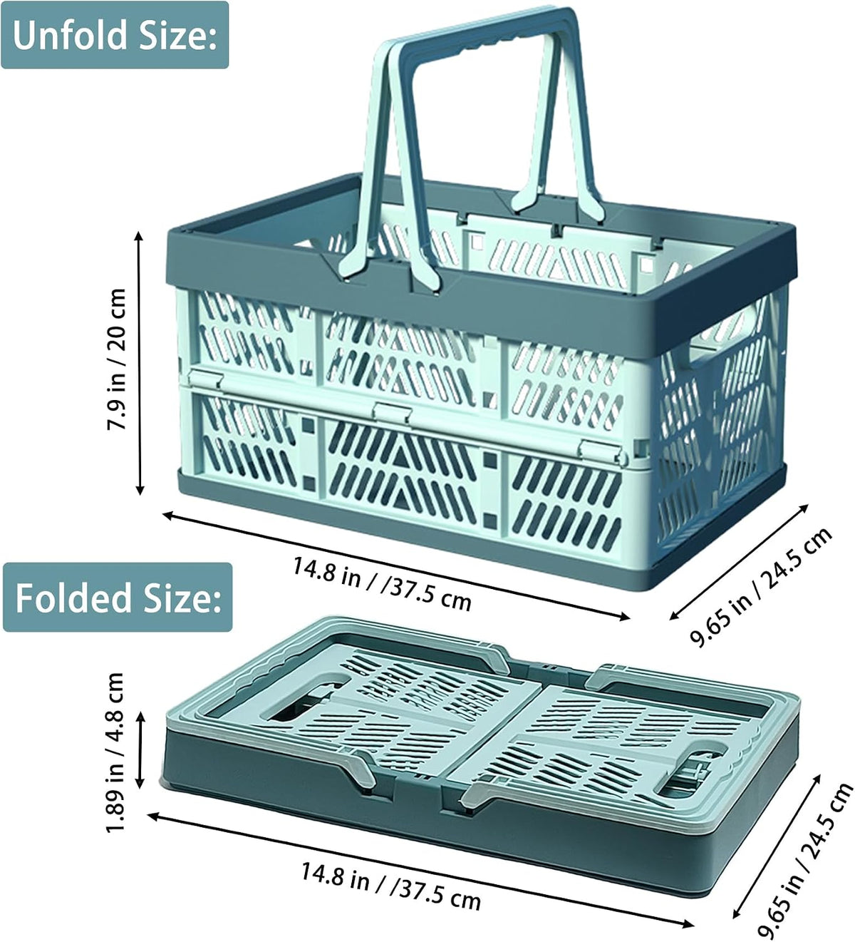 Collapsible Plastic Storage Crate - 20L Folding Organizer Basket Portable Stacking Storage Crate Bin with Handle, for Camping, Picnic, Car Trunk, Home Storage (Blue, M)