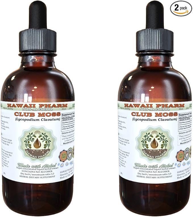 Hawaii Pharm Club Moss Alcohol-Free Liquid Extract, Club Moss (Lycopodium clavatum) Dried Whole Herb Glycerite Natural Herbal Supplement 2x2 oz
