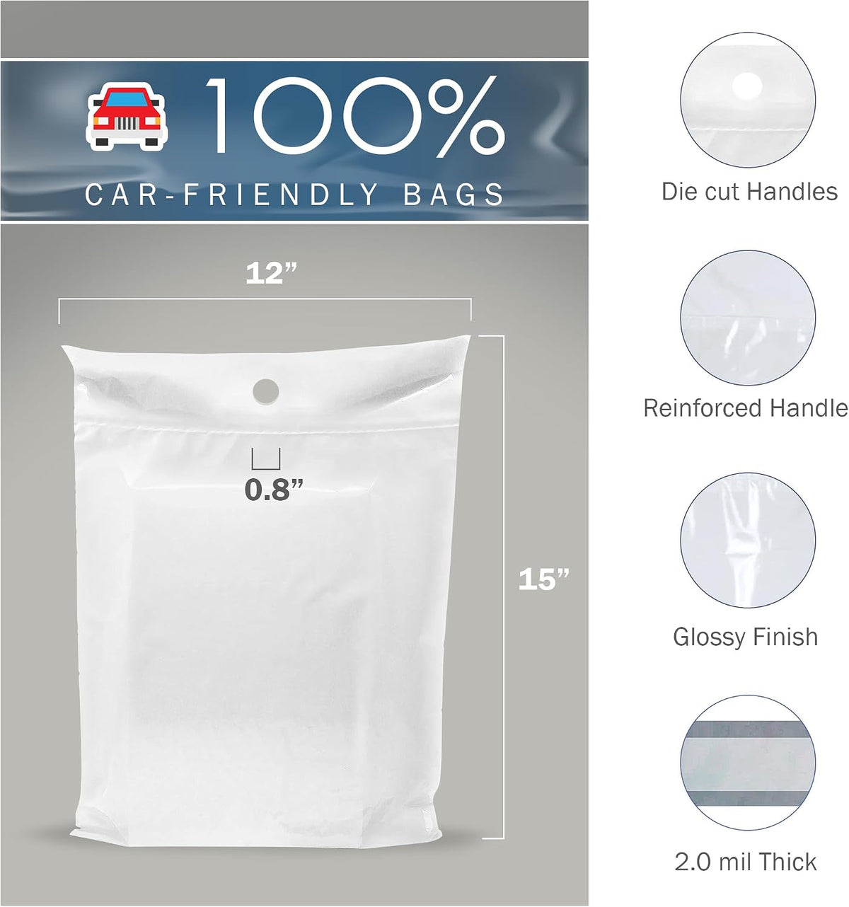 12x15 White Disposable Car Trash Bags, Leak-proof, Medium Size, 50 Pack, 2 Mil Thick, with Die-Cut Handles by PPB