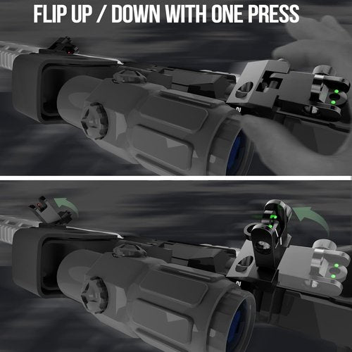 Classic 45 Degree Offset Iron Sights - Tool-Free Adjustable Flip Up Fiber Optic with Red & Green Dots