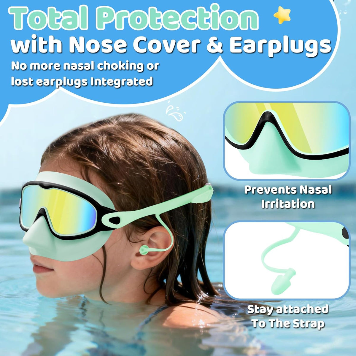 Vvinca Kids Swim Goggles - Anti-Fog Wide View with Nose Cover & Earplugs | For Ages 3-12