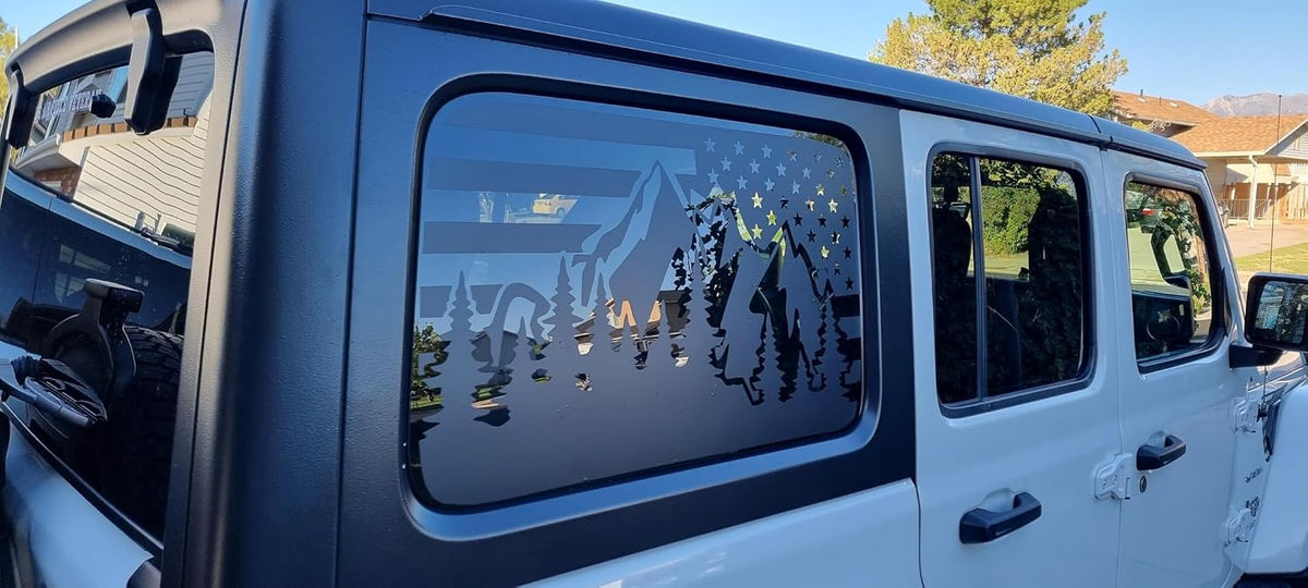 for Jeep Wrangler JL & JLU 2018-2024 Mountain American Flag Rear Window Decals, Matte Black USA Flag Vinyl Stickers 2PCS, Patriotic SUV Truck Window Graphics Exterior Accessories