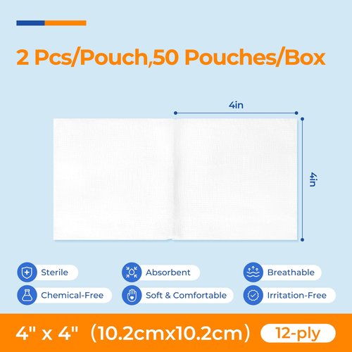 100Pcs Sterile Gauze Pads 4x4 Inch 12-Ply, 100% Cotton 4x4 Gauze Pads Highly Absorbent Gauze Sponges for Wound Care, Hospital-Grade Sterile Gauze First Aid & Surgical Dressing