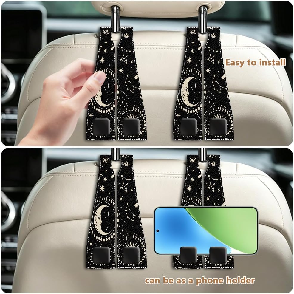 2Pcs Car Purse Hook for Headrest 6.5 x 3.3 Inch Moon Car Hooks Metal Leather Sun Moons Star Pattern Double Hanger Backseat Storage Organizers Accessories for Purse Handbags Bags Umbrellas