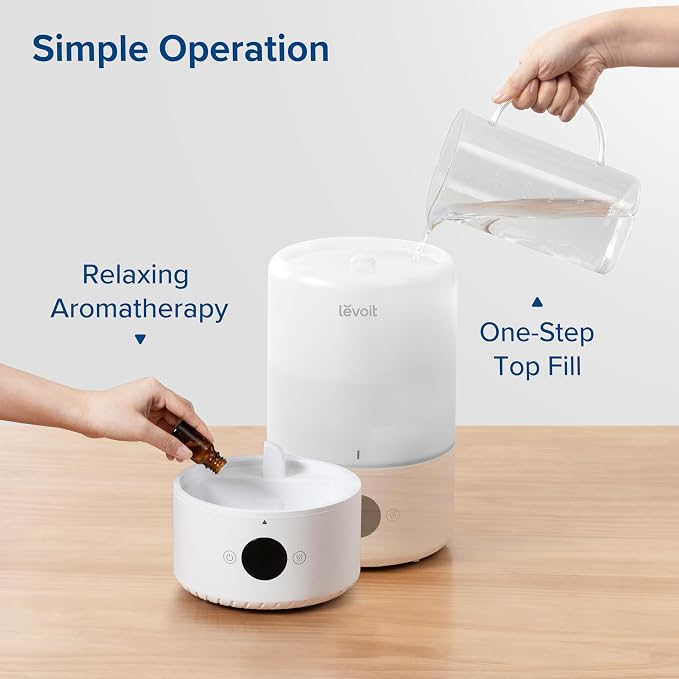 LEVOIT Smart Cool Mist Top Fill Humidifiers for Bedroom with Sensor, Auto Humidity Setting, APP & Voice Control, Essential Oil Diffuser, Ultra Quiet Operation, Super Easy Top Fill, 3L, White