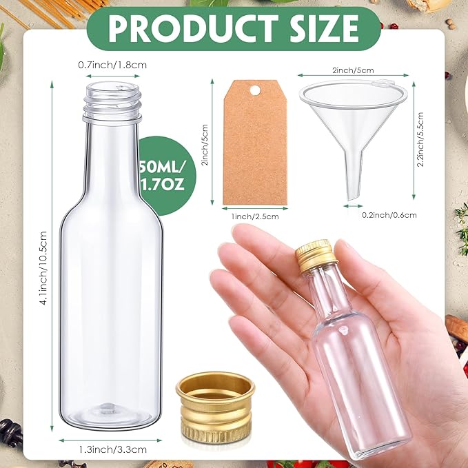 Yinder 100 Pcs Mini Liquor Bottles Set,50ml (1.7oz) Plastic Empty Spirit Bottles for Party,Alcohol Shot Containers with Caps, 6 Liquid Funnels and Kraft Tags with 65 ft Ropes(Gold Cap)