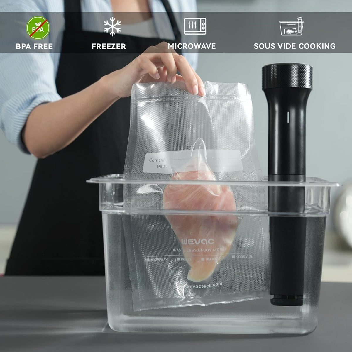 Wevac Vacuum Sealer Bags - Heavy Duty 8" x 12" Precut, 200 Count with Liquid Block & Bone Guard