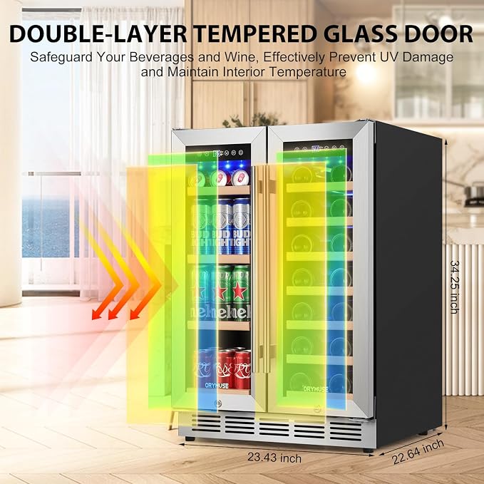 24 Inch Dual Zone Wine and Beverage Refrigerator, Built-in or Freestanding Cooler with French Doors, Under Counter Drink Fridge with Upgraded Compressor for Beer, Wine, and Soda