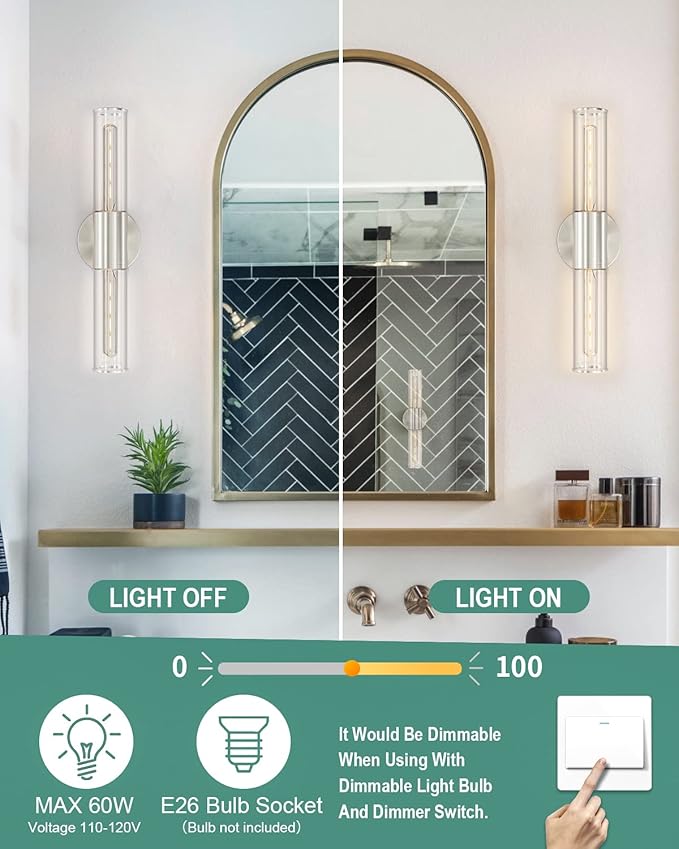 Bathroom Vanity Light Fixture, 2-Light Brushed Nickel Wall Sconce Lighting Fixture with Clear Glass, Indoor E26 Stocket Silver Wall Lamp for Mirror Living Room Hallway(Bulb Not Included)