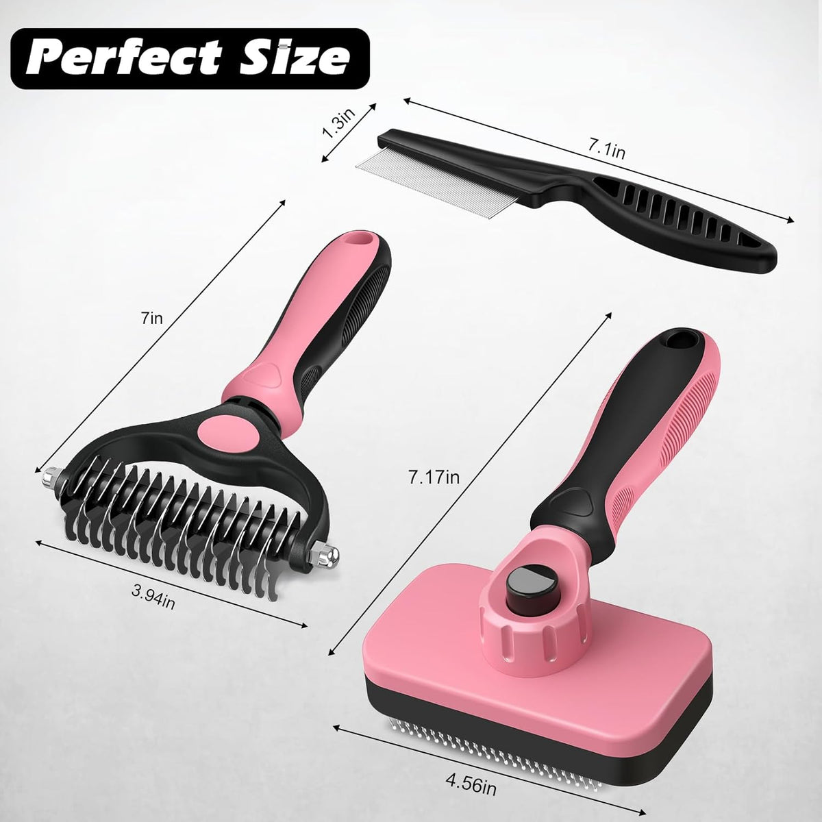 Skiennix Self-Cleaning Slicker Brush Set - Pet Grooming Rake & Flea Comb for Dogs, Cats, Horses | Light Pink