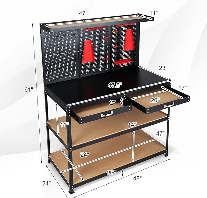 Goplus Work Bench with Storage, 48" x 24" Work Table with Pegboard, 2 Drawers, Hanging Accessories, Topping Space, 4-Tier Heavy Duty Metal Tool Storage Bench, Workbench for Garage, Workshop