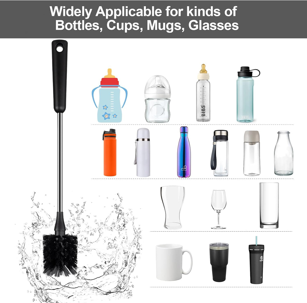 Skiennix Water Bottle Brush - 15-Inch Stainless Steel Handle for Easy Cleaning | Ideal for Cups, Tumblers, and Decanters - Black