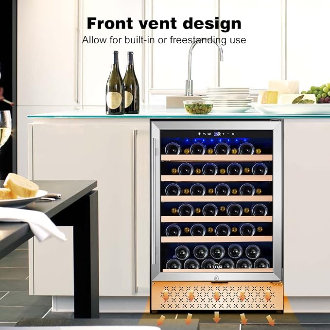 24 Inch Wine Fridge, 54 Bottles Wine Refrigerator, Under Counter or Freestanding, 40-65°F, Lock, Double Layer Tempered Glass Door, Wine Cooler Refrigerator with Adjustable Wooden Shelves