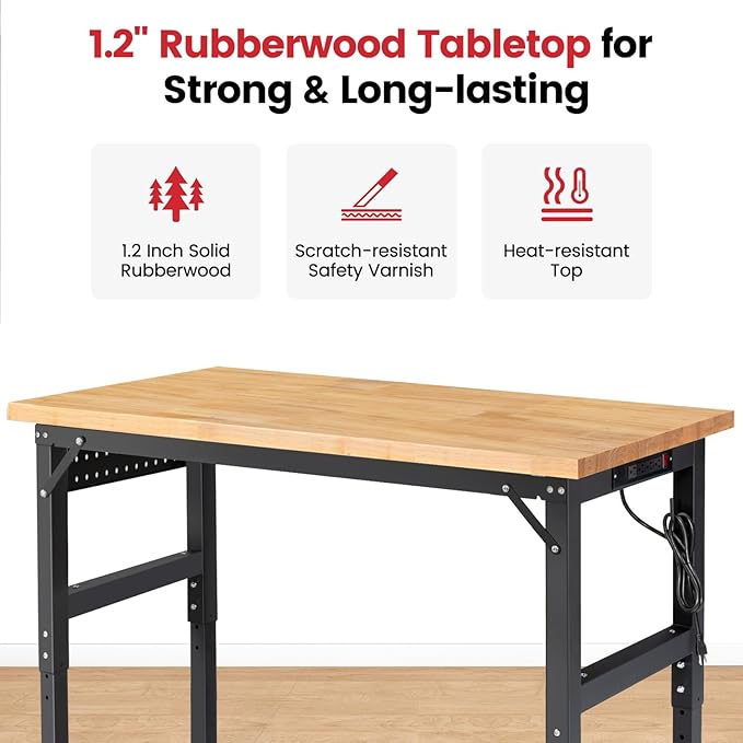 ENJOYWOOD 60" x 22" Heavy Duty Workbench with Wheels, Adjustable Height Garage Work Table with Solid Rubberwood Top, Pegboard & Power Outlets for Workshop, Home & Office