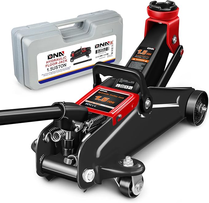 DNA Motoring 1.5 Ton Car Floor Jack Low Profile Hydraulic Trolley Service/Floor Jack, 1.5T / 3000 lbs Capacity, Lifting Range 5.3 Inch -12 Inch, with Storage Case, Black, TOOLS-00327-BK