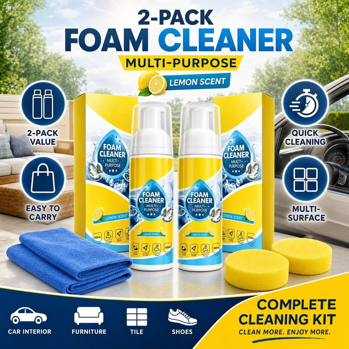 Car Interior Foam Cleaner Kit, No-Rinse Spray, 2 x 4 fl oz | 2 x 4 fl oz no-rinse car interior foam cleaner kit with 2 towels and 2 sponges for dashboard, seats, carpet and upholstery