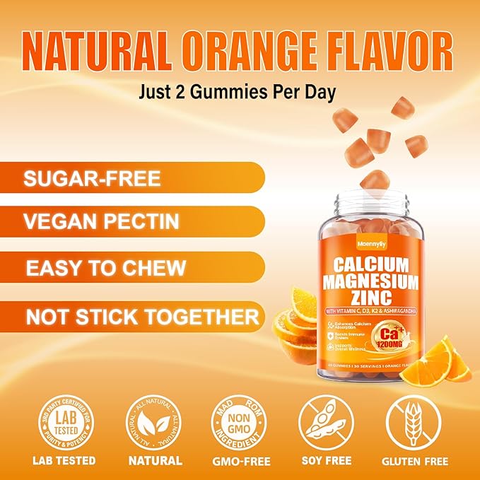 Calcium 1200 mg with Vitamin D3 Gummies for Adults - Calcium Citrate with Vitamin D3 K2, Magnesium, Zinc, Boron, Copper and Ashwagandha - Extra Absorption Calcium Supplement for Women Men