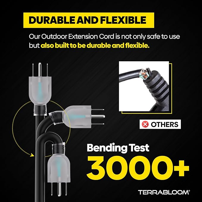 TerraBloom 12/3 Heavy Duty Extension Cord 100 FT Outdoor - Black Outdoor Extension Cord Multiple Outlet - Ultra-Flexible SJEOW Rubber, Light Indicator, Triple Outlet for Maximum Efficiency - 15 Amp